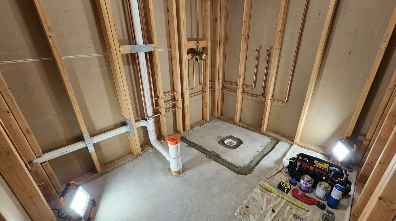 Bathroom rough-in plumbing during remodel by Johns Plumbing LLC in Cairo