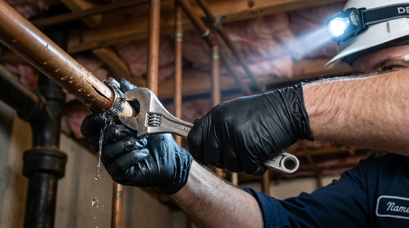 Emergency pipe clamp repair being performed by a Johns Plumbing LLC plumber in Cairo