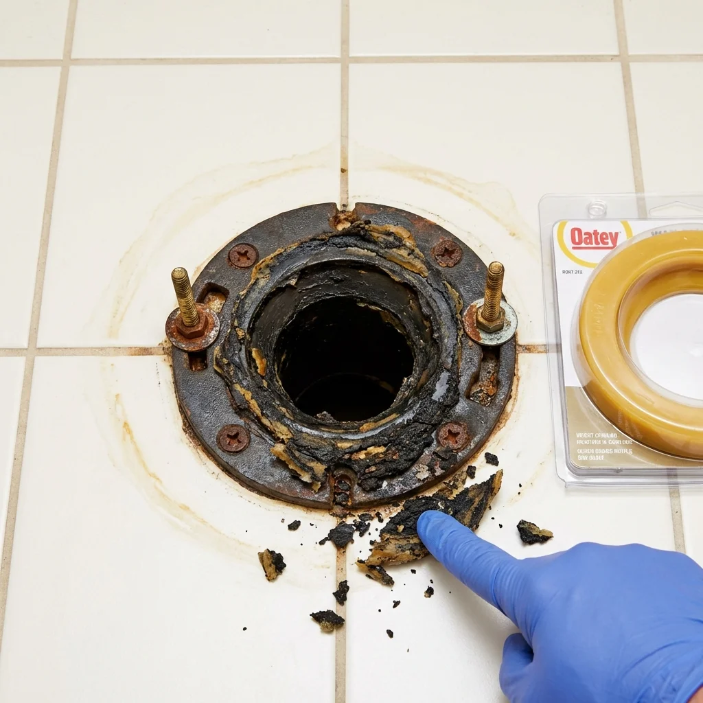 Failed wax ring showing water seepage at the base of a toilet in a Cairo, IL home
