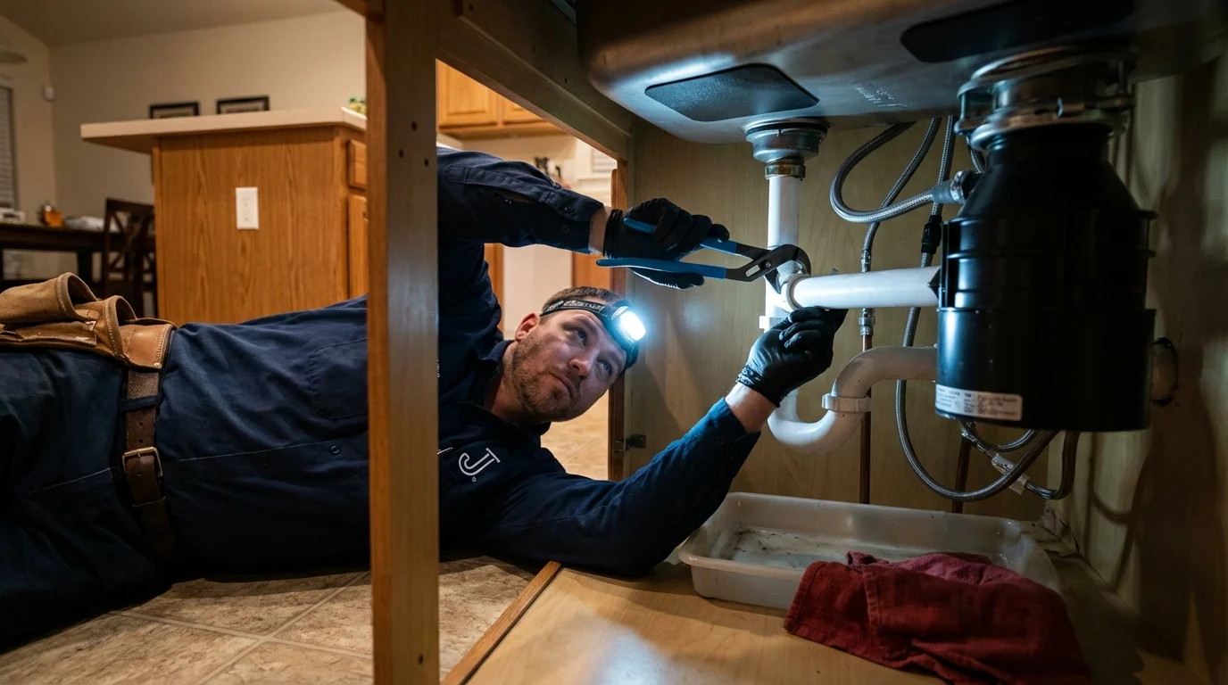 P-trap and supply line connections under a kitchen sink showing a common leak point in Cairo, IL